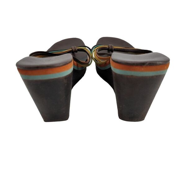 Vintage 90s BCBG Platform Wedge Sandals 9 Rainbow Strappy Wood Hippie Pride - Picture 10 of 11